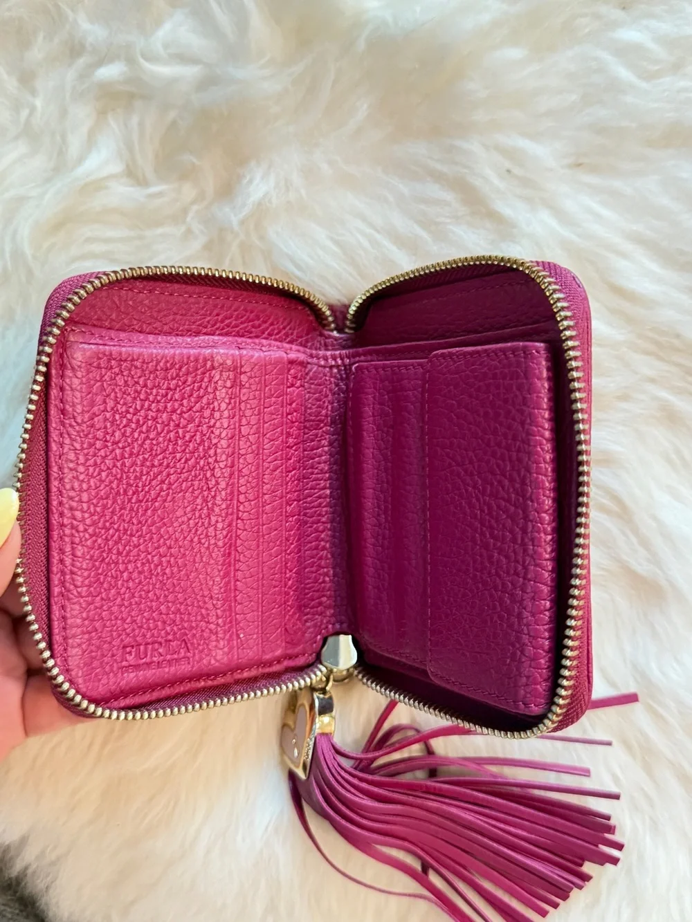 Furla Magenta Pebbled Leather Zip Wallet with Tassel Heart Charm